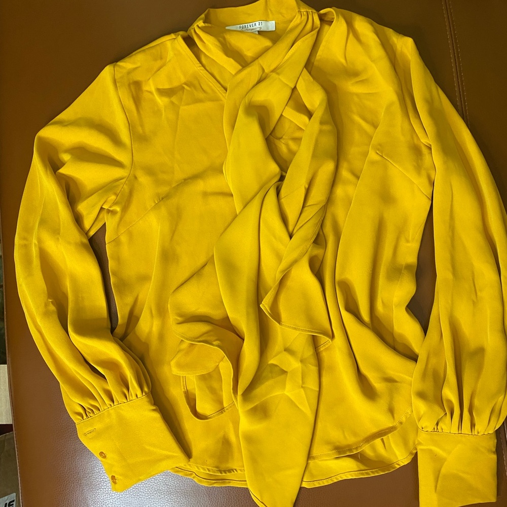 Forever 21 Mustard Golden Tie neck long sleeve blouse